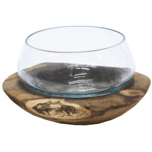 Decowood Glass Round Bowl 20x15 cm ronde glazen schaal op hout M decoratie